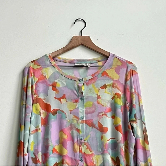 LOGO Layers Lori Goldstein Watercolor Printed Mesh Cardigan Aqua pastel tie dye - Picture 4 of 12